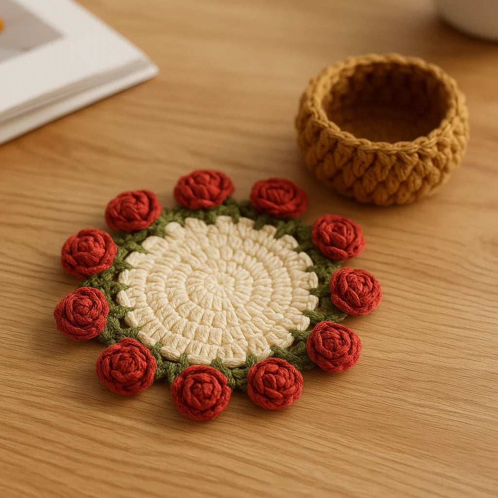 Hand-Crocheted Rose Coaster Set – 3-in-1 Blooming Basket for Home & Gifting