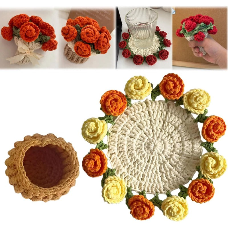 Hand-Crocheted Rose Coaster Set – 3-in-1 Blooming Basket for Home & Gifting