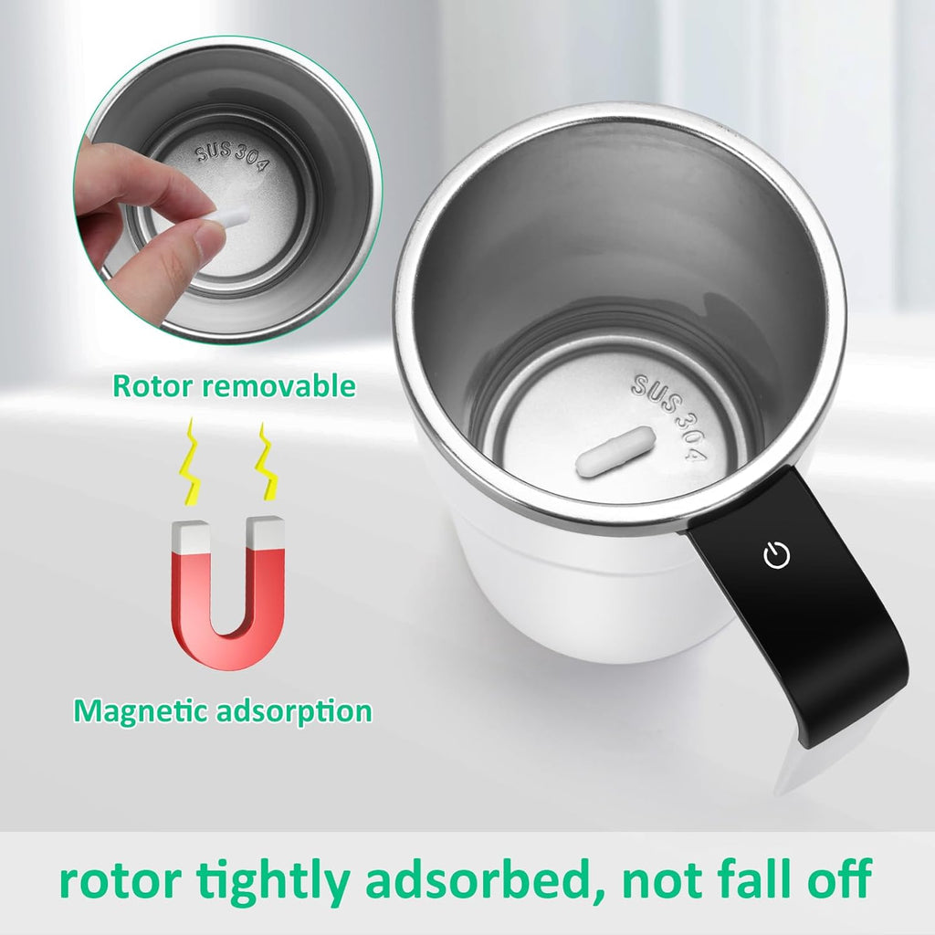 Self Stirring WHITE Mug. Auto Magnetic Coffee Mug with LED Display Temperature. Rechargeable Automatic Stirring Cup. 12oz Self Mixing Cup with Lid To Stir Coffee Mixed Milk at Desk Use