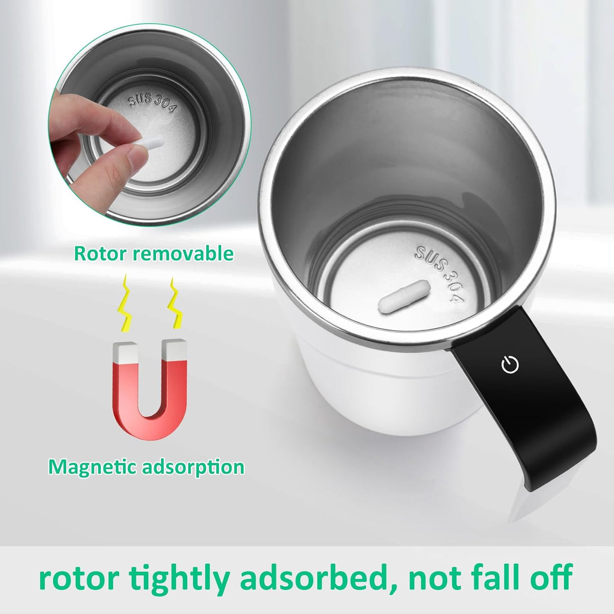Self Stirring WHITE Mug. Auto Magnetic Coffee Mug with LED Display Temperature. Rechargeable Automatic Stirring Cup. 12oz Self Mixing Cup with Lid To Stir Coffee Mixed Milk at Desk Use