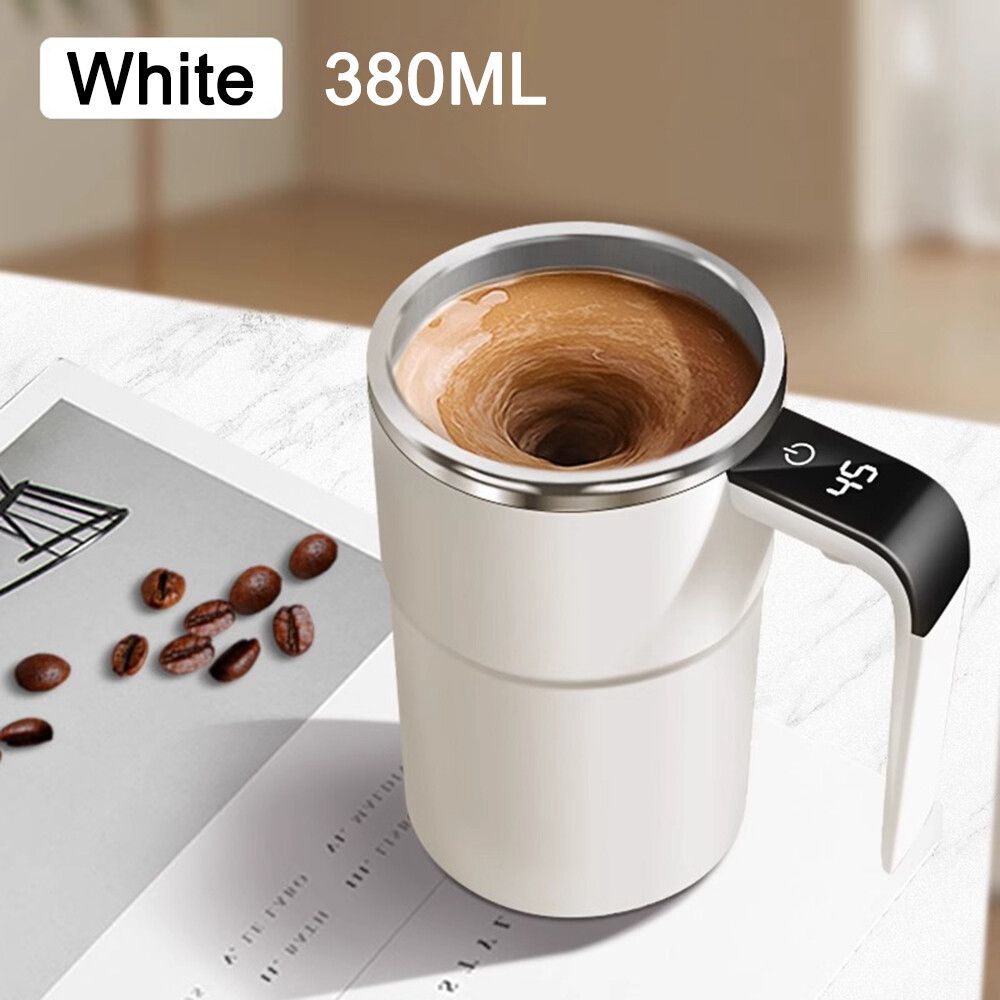 Self Stirring WHITE Mug. Auto Magnetic Coffee Mug with LED Display Temperature. Rechargeable Automatic Stirring Cup. 12oz Self Mixing Cup with Lid To Stir Coffee Mixed Milk at Desk Use