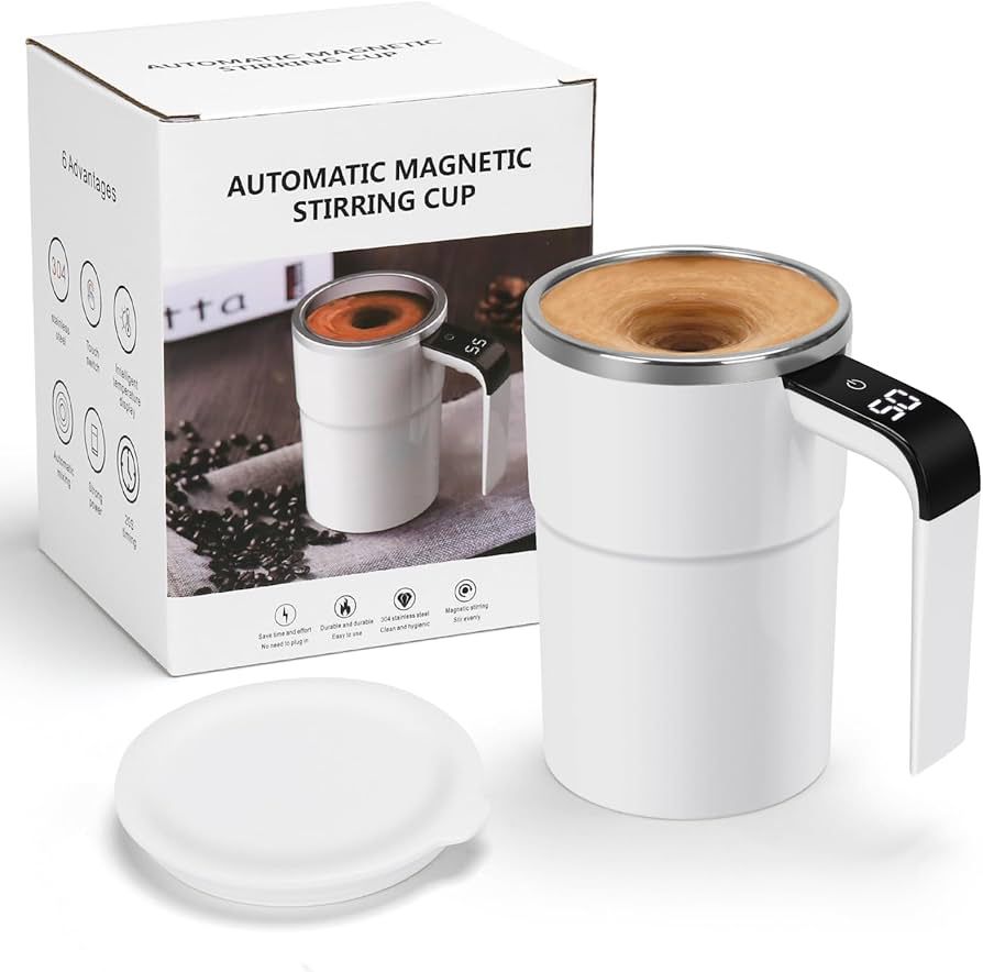 Self Stirring WHITE Mug. Auto Magnetic Coffee Mug with LED Display Temperature. Rechargeable Automatic Stirring Cup. 12oz Self Mixing Cup with Lid To Stir Coffee Mixed Milk at Desk Use