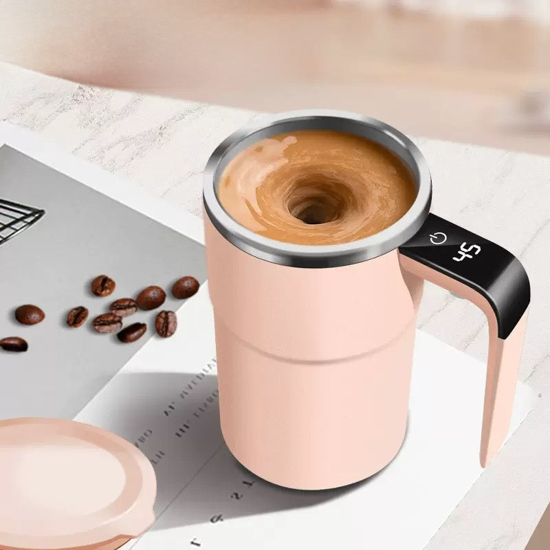 Self Stirring WHITE Mug. Auto Magnetic Coffee Mug with LED Display Temperature. Rechargeable Automatic Stirring Cup. 12oz Self Mixing Cup with Lid To Stir Coffee Mixed Milk at Desk Use