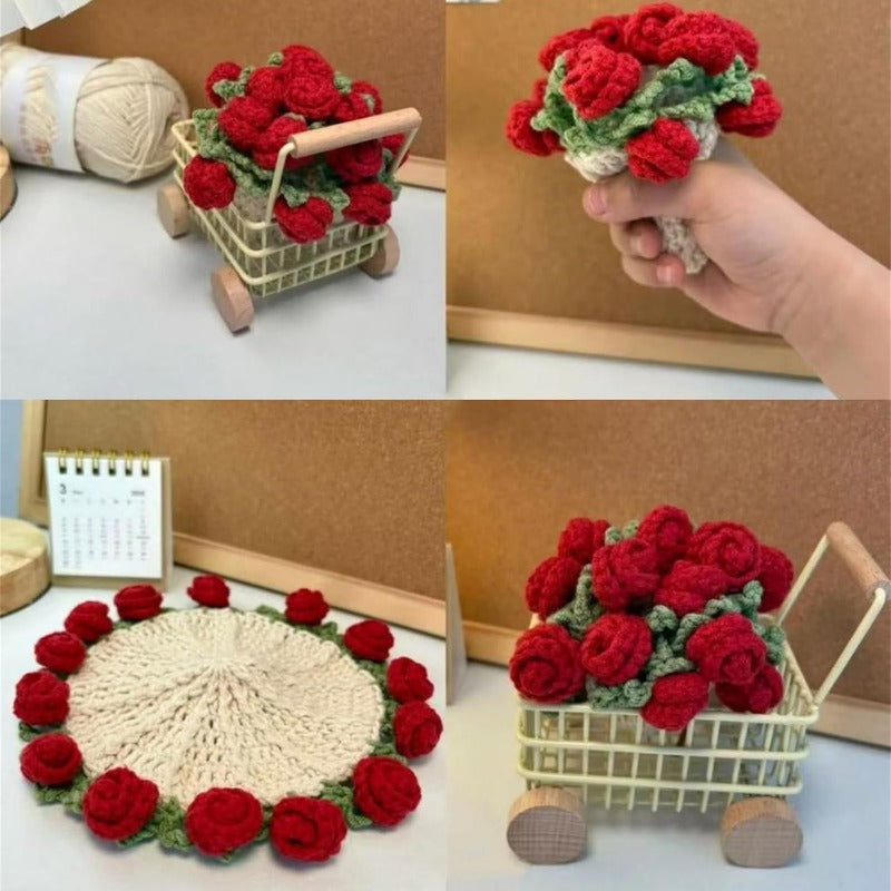 Hand-Crocheted Rose Coaster Set – 3-in-1 Blooming Basket for Home & Gifting