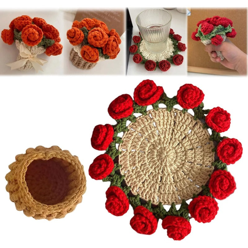 Hand-Crocheted Rose Coaster Set – 3-in-1 Blooming Basket for Home & Gifting