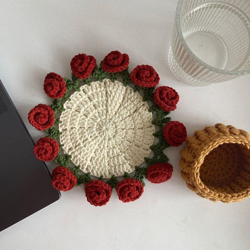 Hand-Crocheted Rose Coaster Set – 3-in-1 Blooming Basket for Home & Gifting